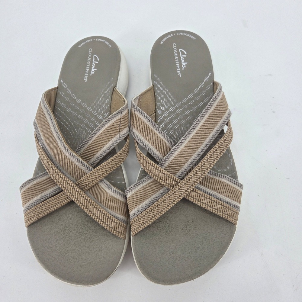 Clarks Cloudsteppers Arla Slide Sandals Womens 9 Wide Taupe Tan Washable
